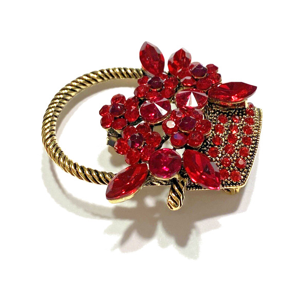Red Rhinestone Flower Basket Brooch Rope Textured Goldtone Dimensional Pin Chic - Picture 3 of 7